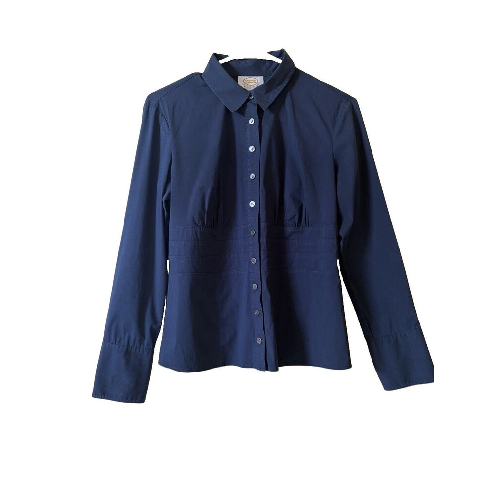 Vintage Talbots Blouse 10 Button Front Tailored Fit Stretch Minimalist Navy Blue